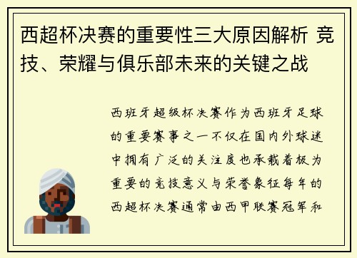 西超杯决赛的重要性三大原因解析 竞技、荣耀与俱乐部未来的关键之战