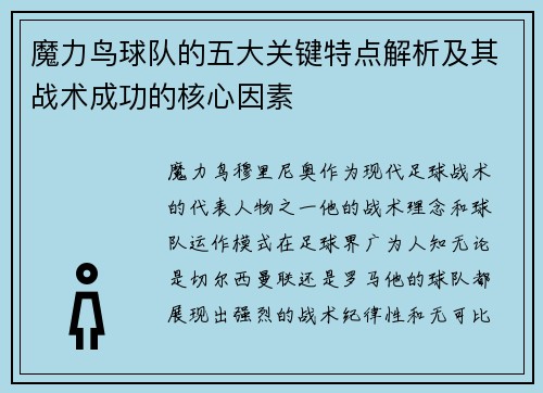 魔力鸟球队的五大关键特点解析及其战术成功的核心因素